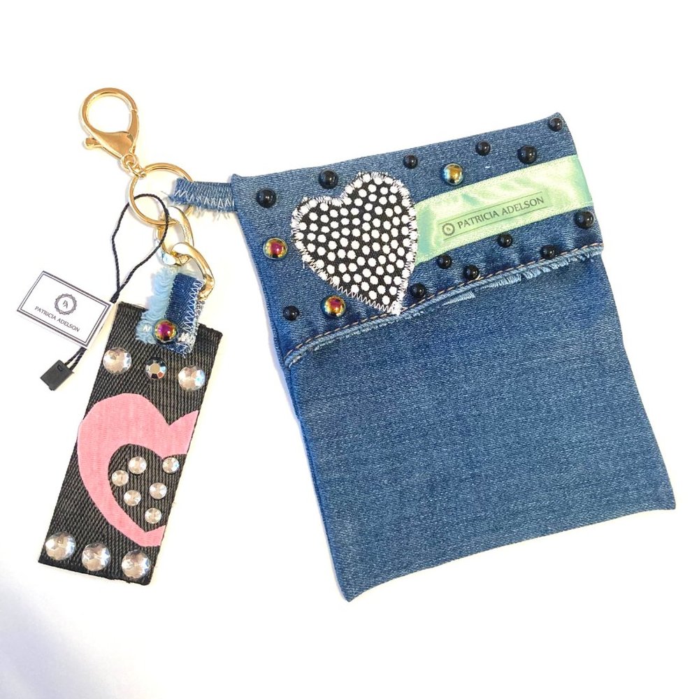 Denim key chain hearts jean gold plated
